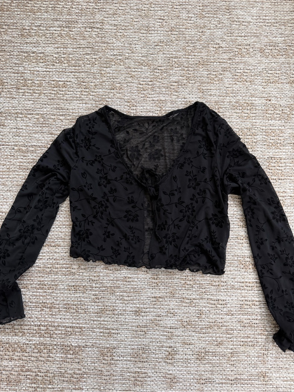 Black Floral Lace-Overlay Cropped Top - Unbranded